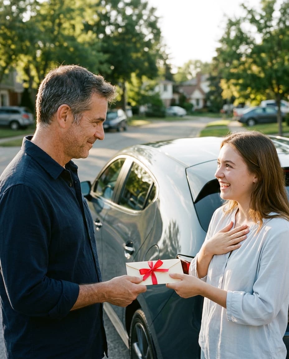 Ein Vater überreicht seiner Tochter neben ihrem Auto einen Geschenkumschlag mit roter Schleife.