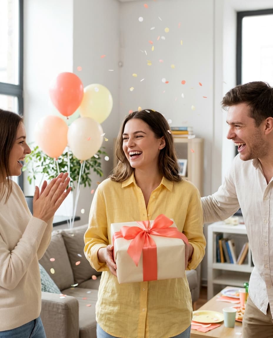 Eine junge Frau freut sich mit ihren Freunden über ein Geburtstagsgeschenk.