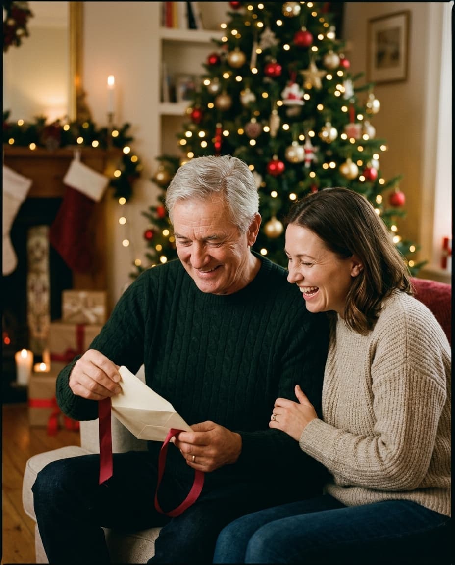 Ein Vater öffnet an Weihnachten lachend einen Geschenkumschlag, neben ihm seine Tochter.