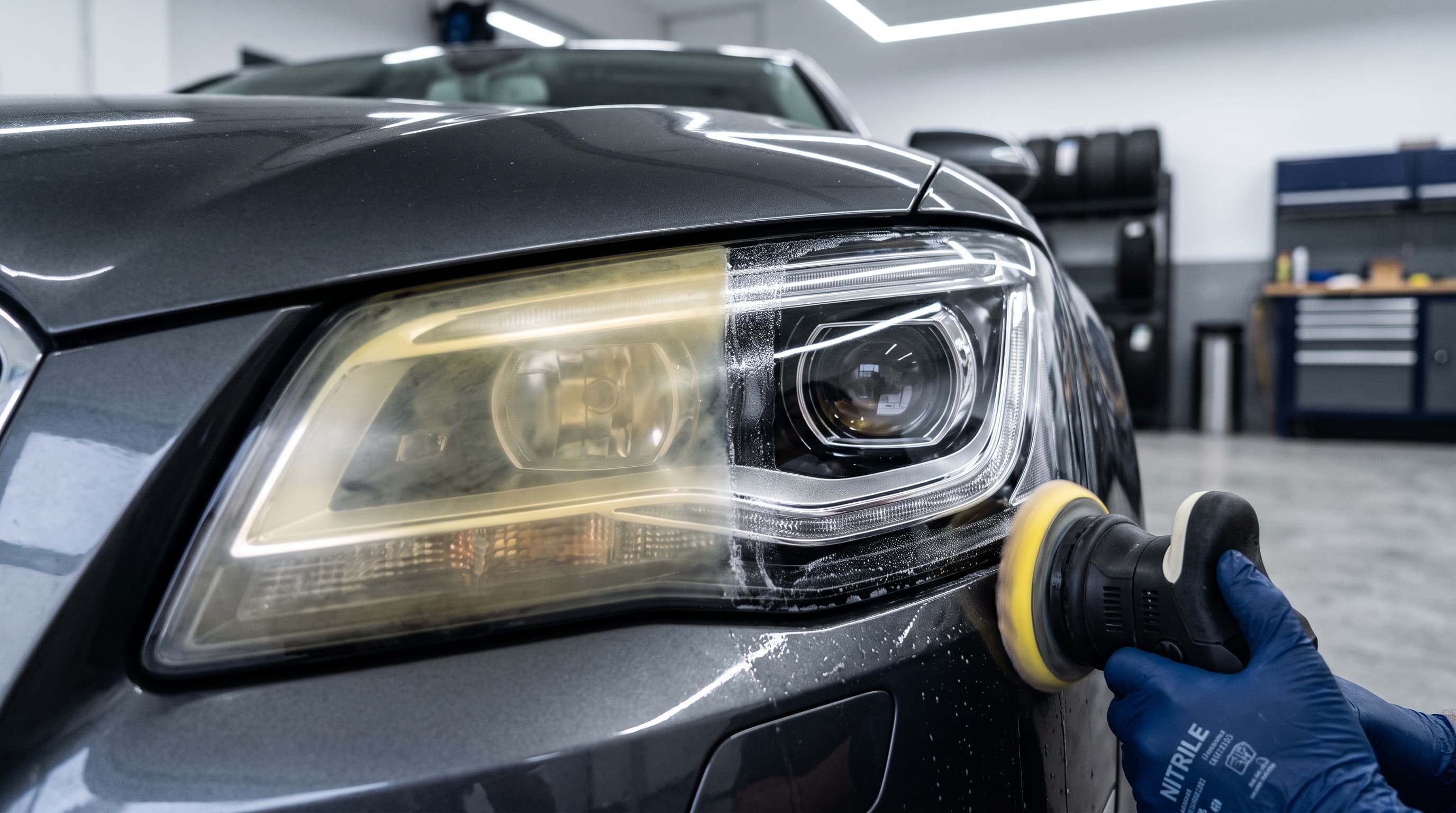 Aufbereiteter Autoscheinwerfer mit klarem Glas