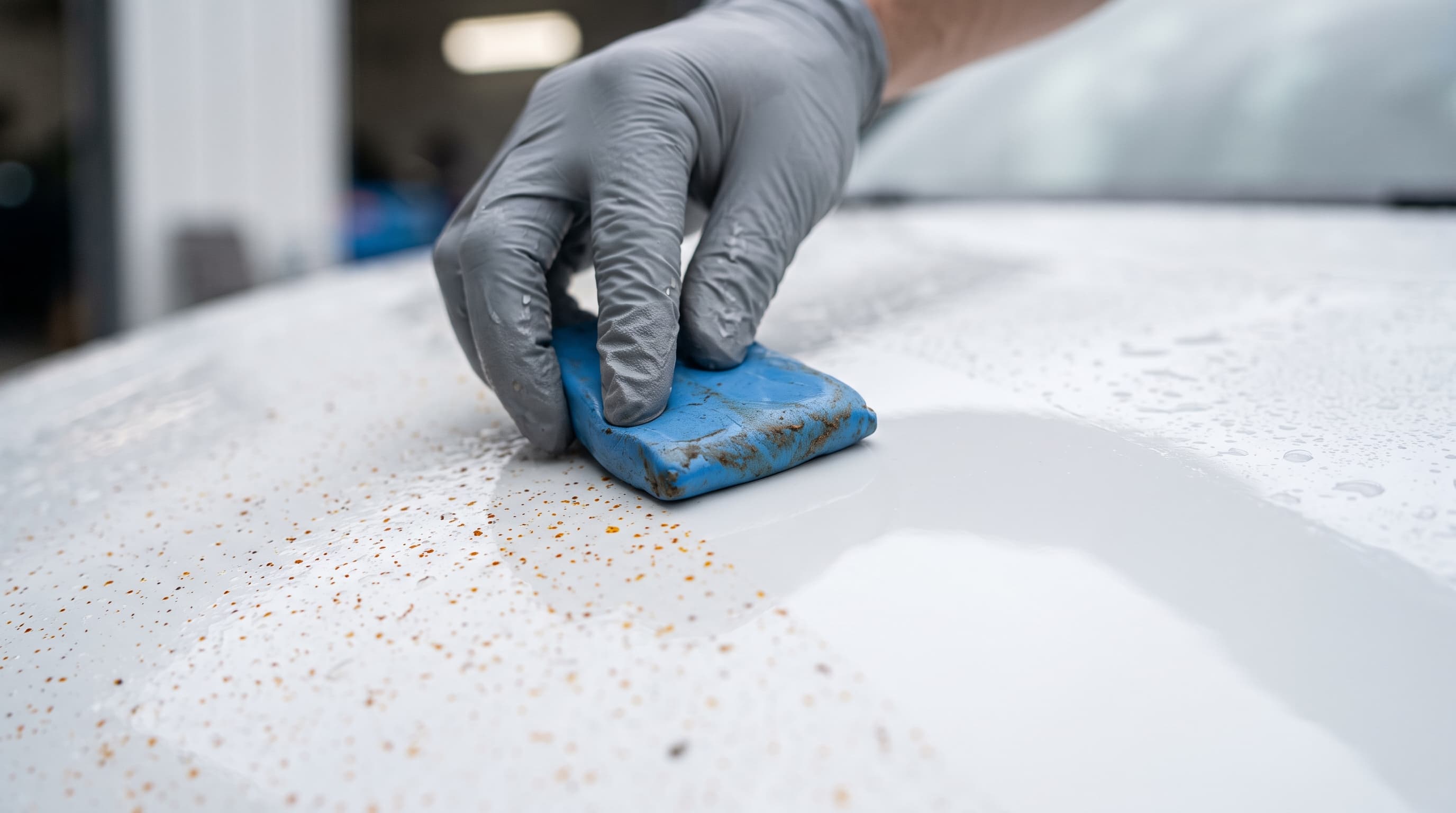 Hand im grauen Handschuh bearbeitet weißen Lack mit Rostpunkten mit blauer Reinigungsknete