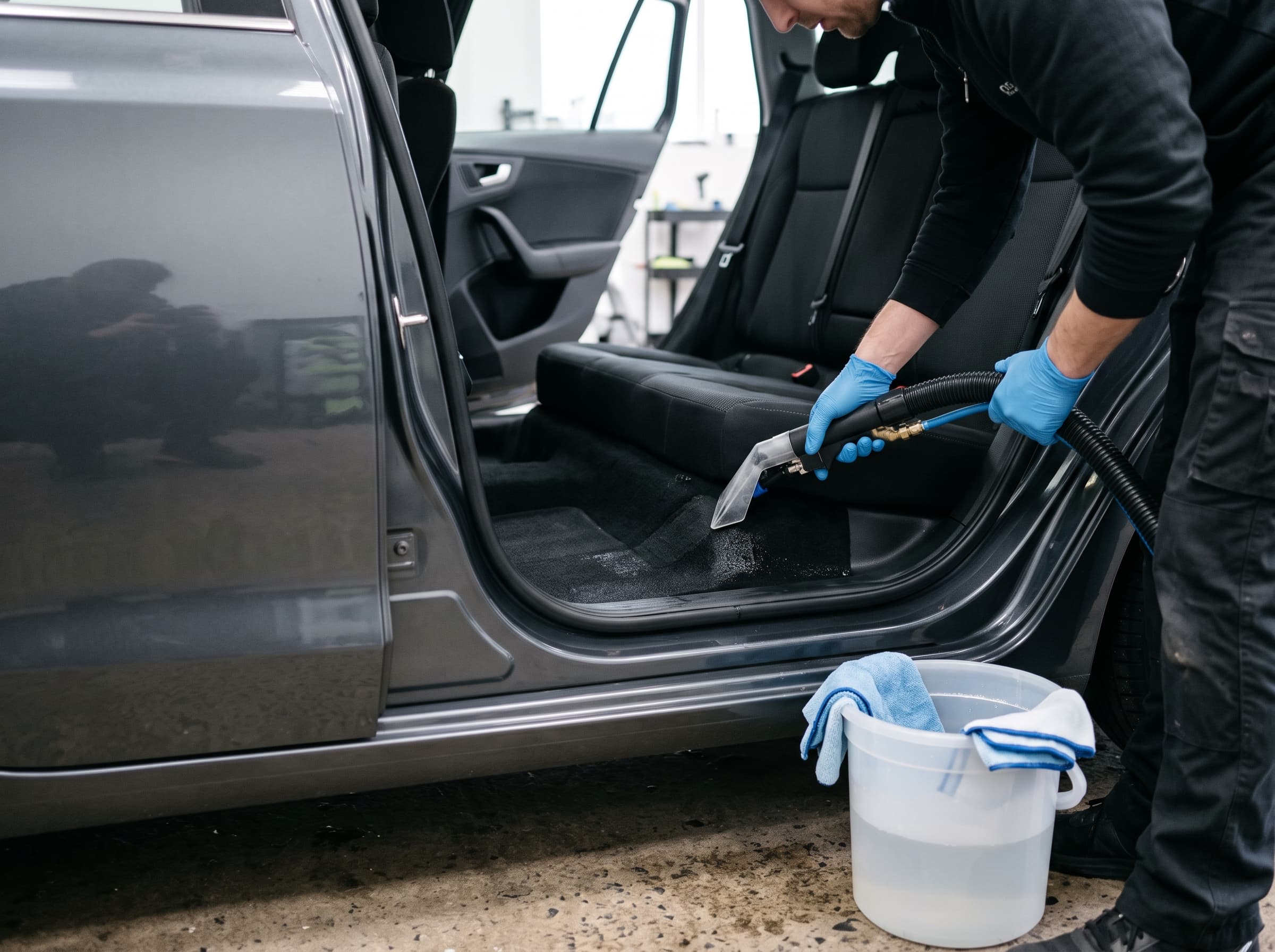 Fahrzeugaufbereiter saugt den hinteren Fußraum eines Autos mit dem Waschsauger