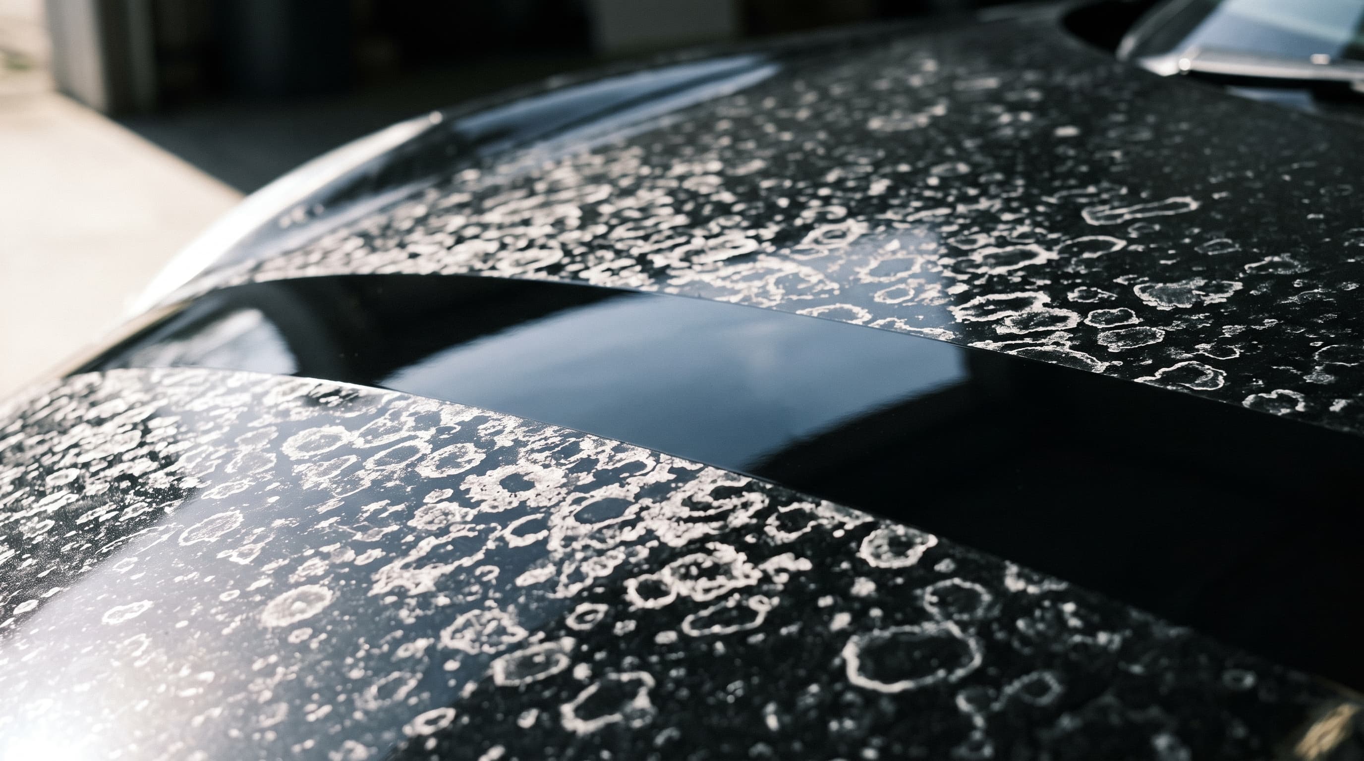 Nahaufnahme einer schwarzen Motorhaube mit zahlreichen weißen Kalkflecken
